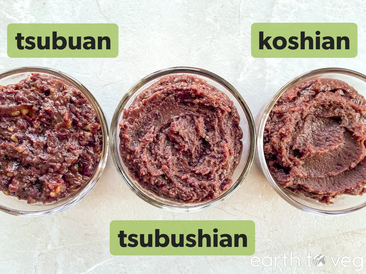 Three different kinds of anko bean paste (tsubuan, tsubushian, and koshian) in glass bowls.