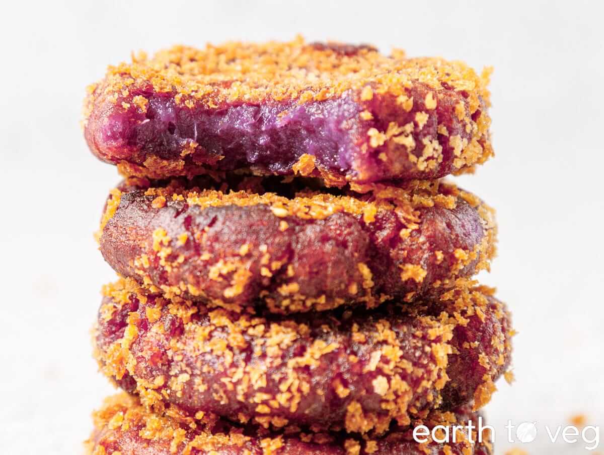 A stack of purple sweet potato rice cakes.